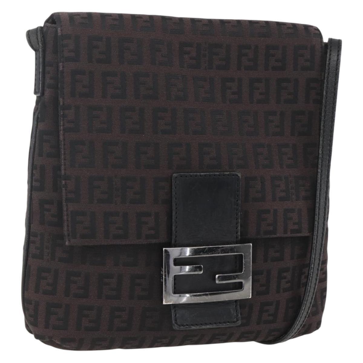 Fendi Zucchino Canvas Shoulder Bag Brown Silver Auth 157800